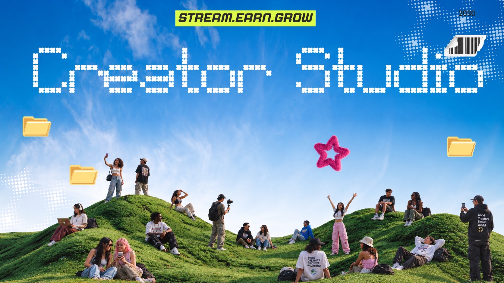 Whistlr Creator Studio — creators filming and streaming on grassy hills